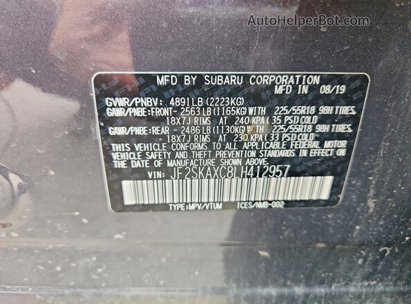 JF2SKAXC8LH412957 2020 SUBARU FORESTER Серый Вид наклейки с VIN-кодом
