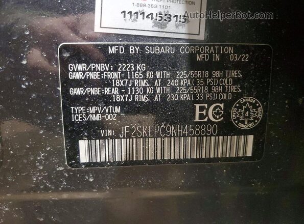 JF2SKEPC9NH458890 2022 SUBARU FORESTER Gray Widok naklejki z numerem VIN