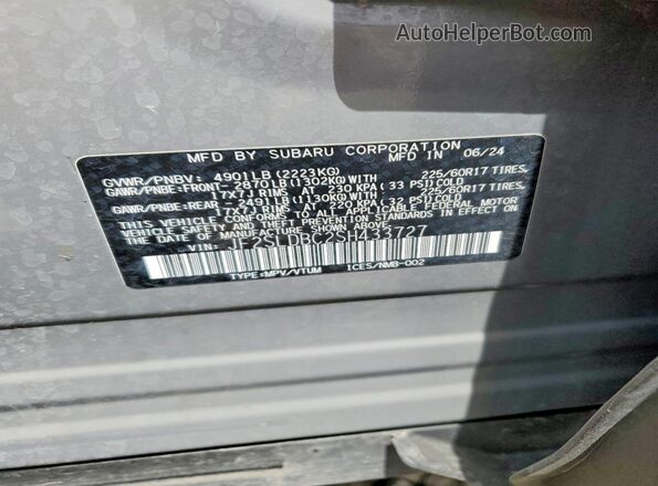 JF2SLDBC2SH433727 2025 SUBARU FORESTER Серый Вид наклейки с VIN-кодом