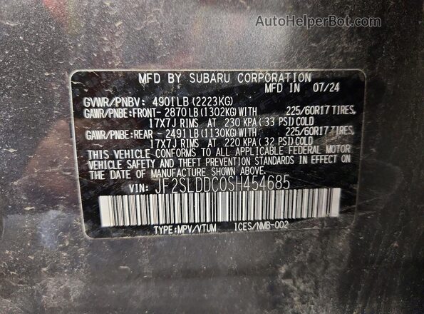 JF2SLDDC0SH454685 2025 SUBARU FORESTER Серый Вид наклейки с VIN-кодом