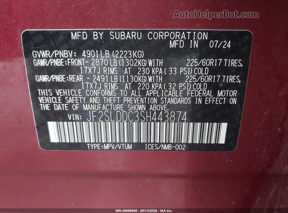JF2SLDDC3SH443874 2025 SUBARU FORESTER Red Vista del compartimento del motor