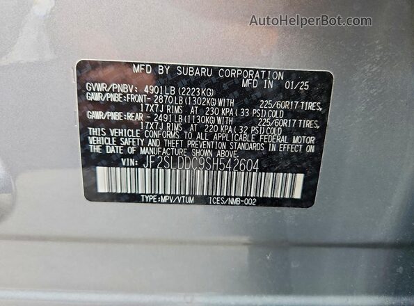 JF2SLDDC9SH542604 2025 SUBARU FORESTER Серебряный Вид наклейки с VIN-кодом