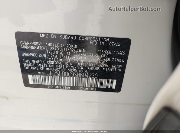 JF2SLDDC9SH604230 2025 SUBARU FORESTER White ძრავის განყოფილების ხედი