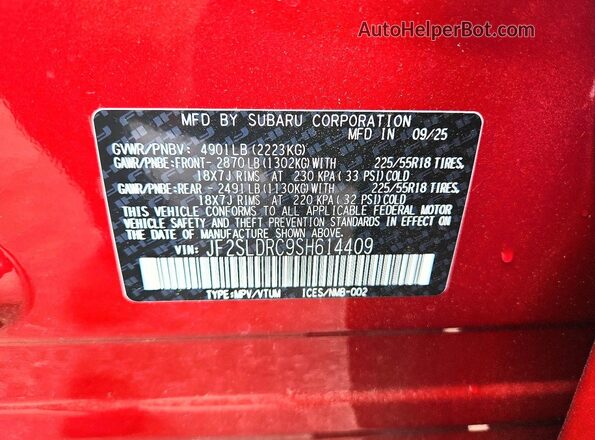 JF2SLDRC9SH614409 2025 SUBARU FORESTER Красный Панорамный вид салона 360°
