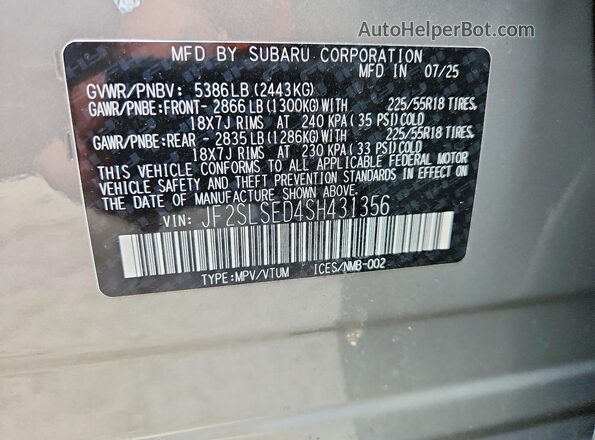JF2SLSED4SH431356 2025 SUBARU FORESTER Серый Панорамный вид салона 360°
