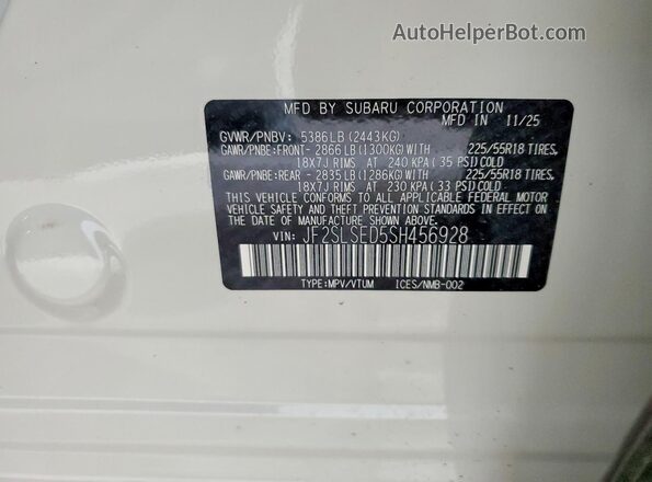 JF2SLSED5SH456928 2025 SUBARU FORESTER Белый Вид наклейки с VIN-кодом