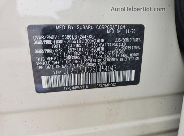 JF2SLSJD2SH454043 2025 SUBARU FORESTER Белый Панорамный вид салона 360°