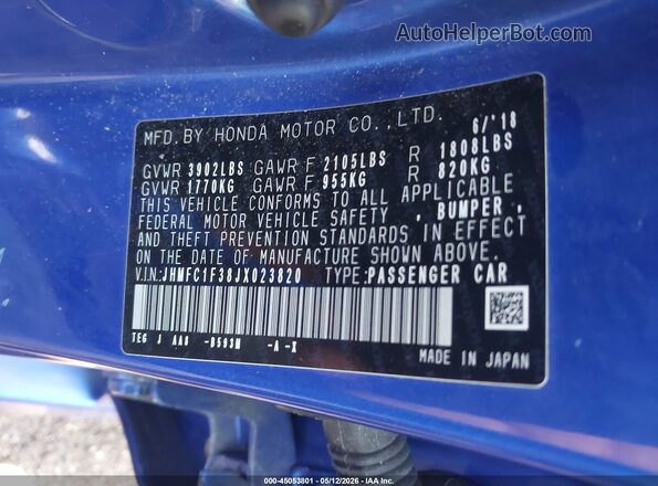 JHMFC1F38JX023820 2018 HONDA CIVIC Синий Вид подкапотного пространства