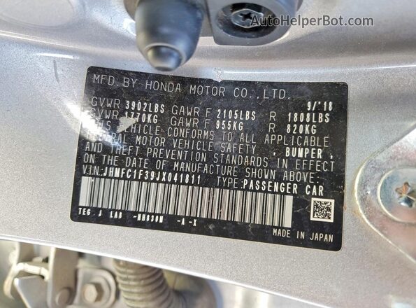 JHMFC1F39JX041811 2018 HONDA CIVIC Silver VIN კოდის სტიკერის ხედი