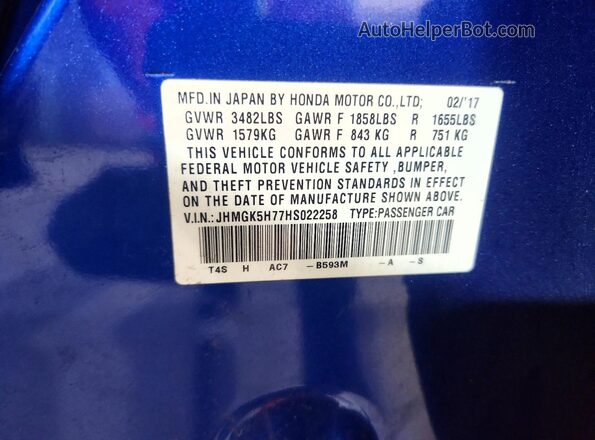 JHMGK5H77HS022258 2017 HONDA FIT Blue Widok komory silnika