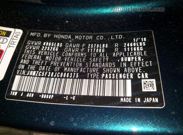 JHMZC5F30JC006375 2018 HONDA CLARITY Green Widok komory silnika