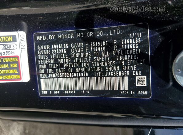 JHMZC5F32JC006930 2018 HONDA CLARITY Black Vista de la etiqueta del VIN