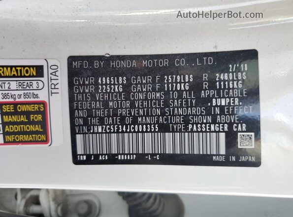 JHMZC5F34JC008355 2018 HONDA CLARITY White Vista del compartimento del motor