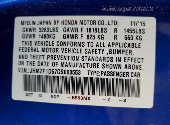 JHMZF1D67GS000553 2016 HONDA CR-Z Синий Вид подкапотного пространства