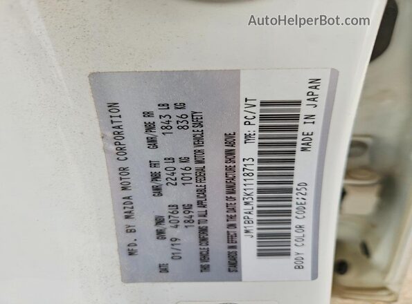 JM1BPALM3K1118713 2019 MAZDA 3 White Widok naklejki z numerem VIN
