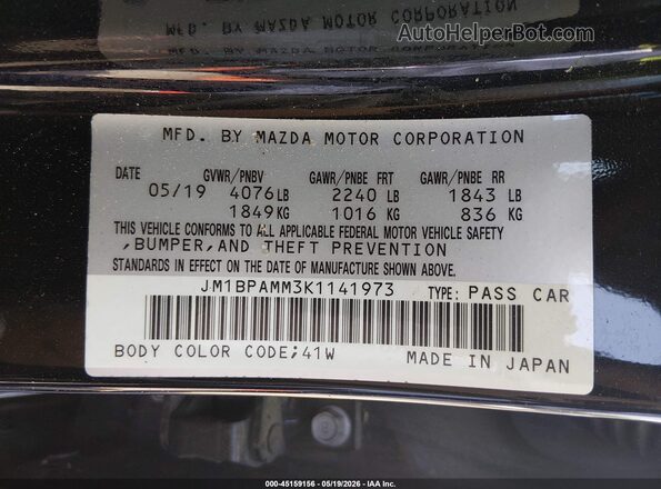 JM1BPAMM3K1141973 2019 MAZDA 3 Black ძრავის განყოფილების ხედი