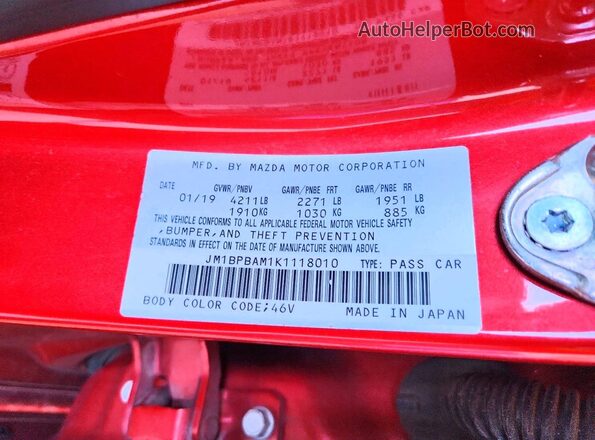 JM1BPBAM1K1118010 2019 MAZDA 3 Red Вид підкапотного простору