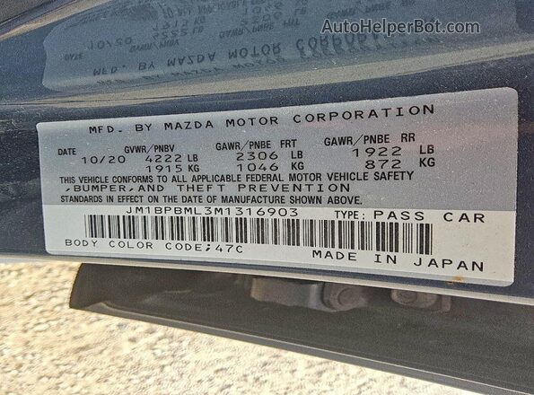 JM1BPBML3M1316903 2021 MAZDA 3 Gray Widok naklejki z numerem VIN