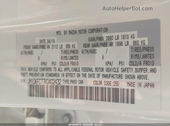 JM1DKFC77K0402432 2019 MAZDA CX-3 Белый Вид подкапотного пространства
