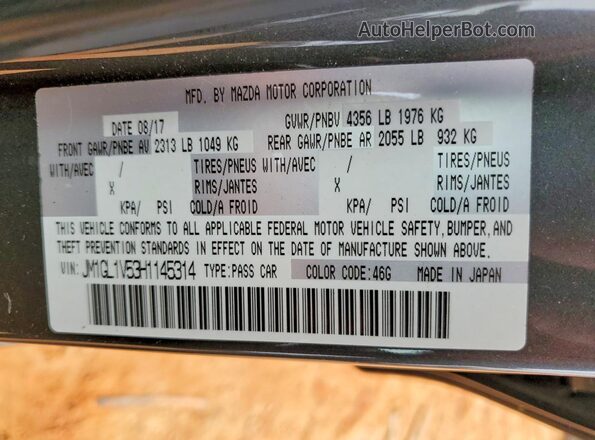 JM1GL1V53H1145314 2017 MAZDA 6 Угольный Вид наклейки с VIN-кодом