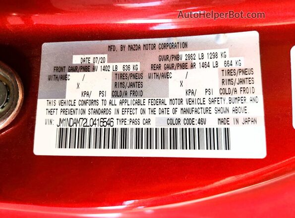 JM1NDAM72L0416546 2020 MAZDA MX-5 Burgundy Widok naklejki z numerem VIN