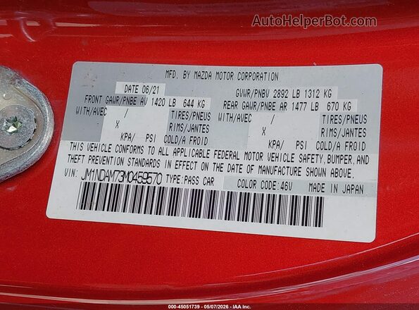 JM1NDAM73M0459570 2021 MAZDA MX-5 MIATA RF Red Շարժիչի բաժամունքի տեսք