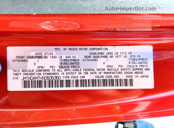 JM1NDAM7XN0505350 2022 MAZDA 3 Red Вид наклейки з VIN-кодом