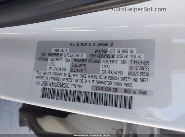 JM3KFABMXK0695210 2019 MAZDA CX-5 White Շարժիչի բաժամունքի տեսք