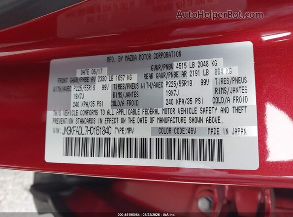 JM3KFADL7H0161840 2017 MAZDA CX-5 Red Vista del compartimento del motor