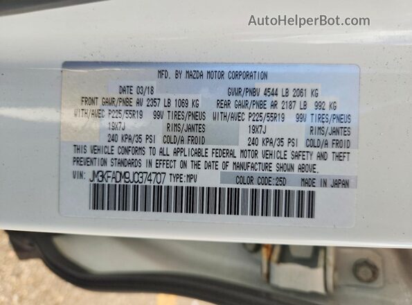 JM3KFADM9J0374707 2018 MAZDA CX-5 Белый Вид наклейки с VIN-кодом