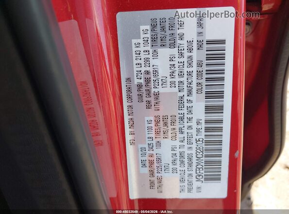 JM3KFBCMXM0328105 2021 MAZDA CX-5 Red Вид підкапотного простору