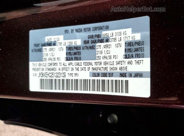 JM3KKEHC2S1223109 2025 MAZDA CX-90 Burgundy Vista de la etiqueta del VIN