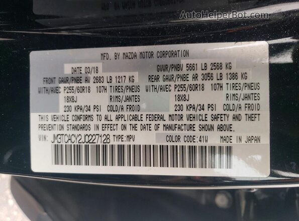 JM3TCACY2J0227128 2018 MAZDA CX-9 Black Widok naklejki z numerem VIN
