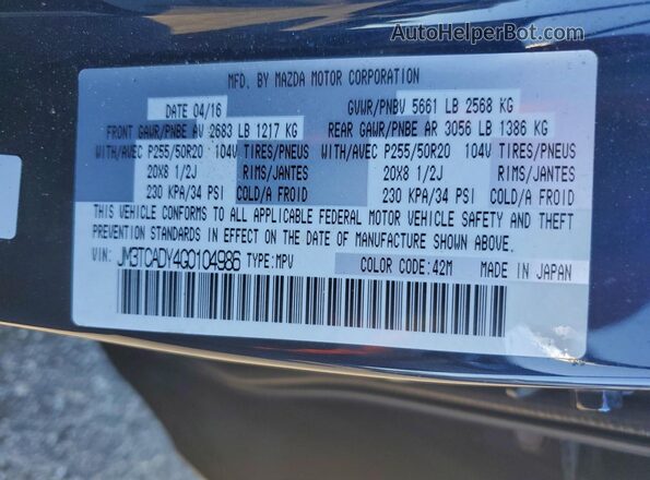 JM3TCADY4G0104986 2016 MAZDA CX-9 Синий Вид наклейки с VIN-кодом