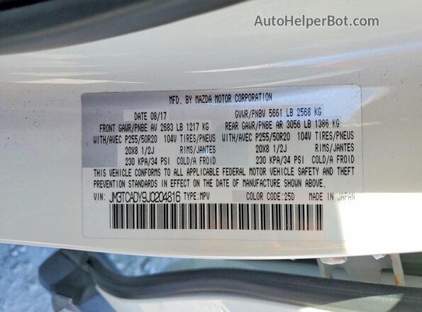 JM3TCADY9J0204816 2018 MAZDA CX-9 Белый Вид наклейки с VIN-кодом