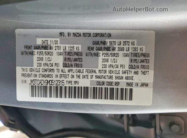JM3TCADY9M0512315 2021 MAZDA CX-9 Серебряный Вид подкапотного пространства