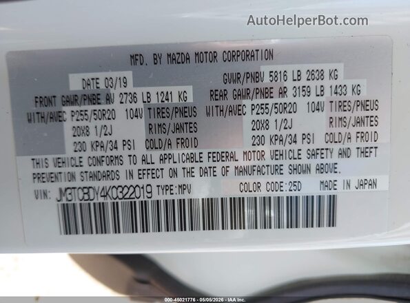 JM3TCBDY4K0322019 2019 MAZDA CX-9 White Widok komory silnika