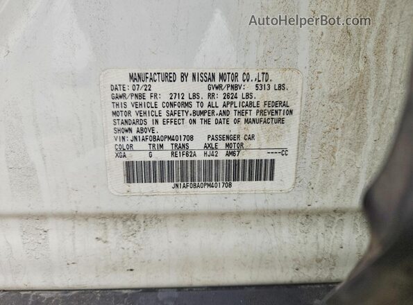 JN1AF0BA0PM401708 2023 NISSAN ARIYA White Widok naklejki z numerem VIN