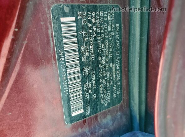 JN1BJ1CPXKW230751 2019 NISSAN ROGUE Red VIN կոդի պիտակի տեսք