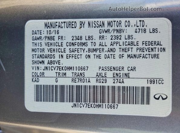 JN1CV7EK0HM110667 2017 INFINITI Q60 Silver Vista de la etiqueta del VIN