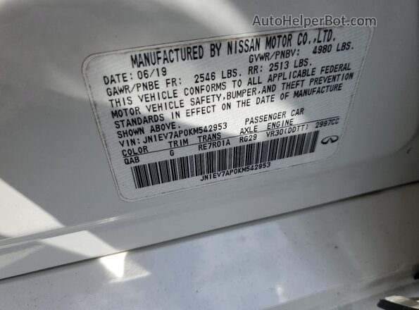 JN1EV7AP0KM542953 2019 INFINITI Q50 White VIN կոդի պիտակի տեսք