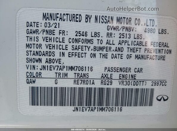JN1EV7AP1MM706116 2021 INFINITI Q50 Белый Вид подкапотного пространства