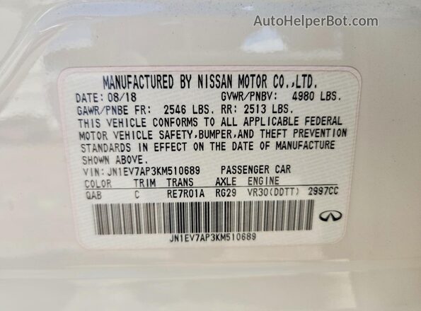 JN1EV7AP3KM510689 2019 INFINITI Q50 Белый Вид наклейки с VIN-кодом