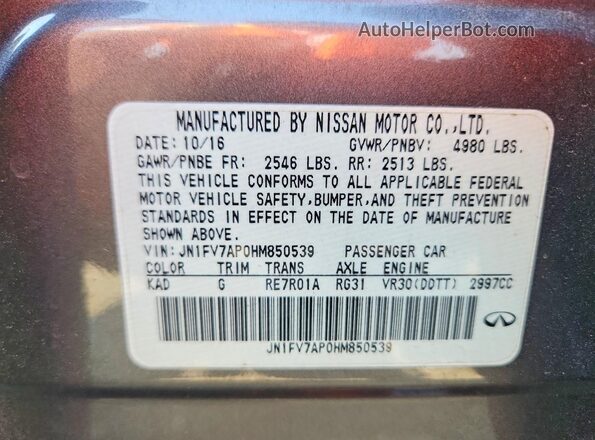 JN1FV7AP0HM850539 2017 INFINITI Q50 Gray Vista de la etiqueta del VIN
