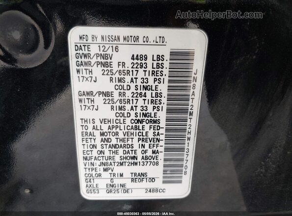 JN8AT2MT2HW137708 2017 NISSAN ROGUE Черный Вид подкапотного пространства