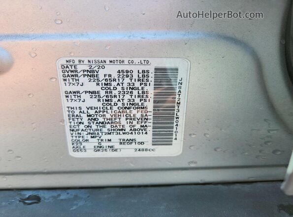 JN8AT2MT3LW041014 2020 NISSAN ROGUE Серебряный Вид наклейки с VIN-кодом
