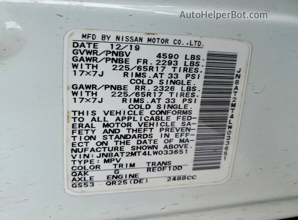 JN8AT2MT4LW033651 2020 NISSAN ROGUE White Widok wnętrza 360 stopni