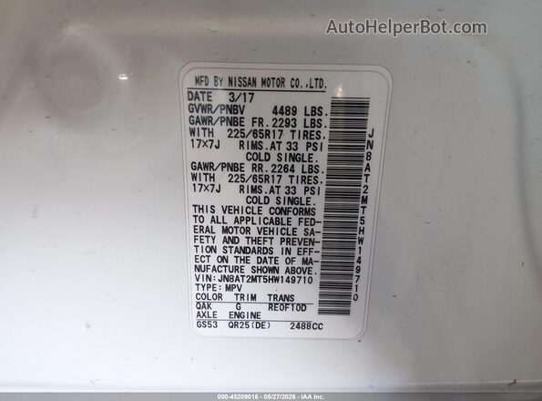 JN8AT2MT5HW149710 2017 NISSAN ROGUE White Engine compartment view