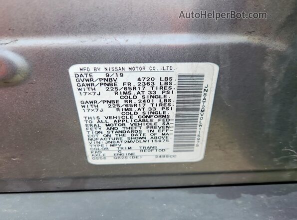 JN8AT2MV0LW115975 2020 NISSAN ROGUE Gray Vista de la etiqueta del VIN