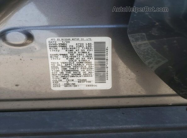 JN8AT2MV0LW138656 2020 NISSAN ROGUE Угольный Панорамный вид салона 360°